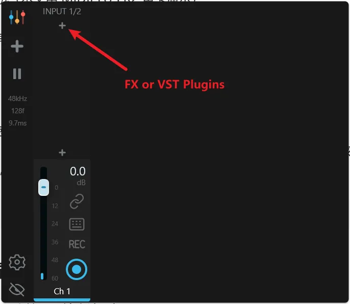 AudCore channel plus button for adding effects or VST plugins