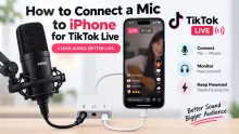 Microphone connected through an adapter to an iPhone showing a TikTok Live stream
