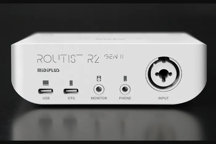 MIDIPLUS Routist R2 GEN II front view showing the XLR input, USB-C and OTG ports