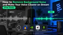 Before and after audio waveform showing background noise removed on stream with free tools: OBS, Audacity, NVIDIA Broadcast, Krisp and RTX Voice